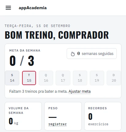 Tela inicial do appAcademia no celular, em carmim e tipografia condensada: saudação do dia, meta da semana com 0 de 3 treinos e os dias marcados, volume da semana, peso e recordes.